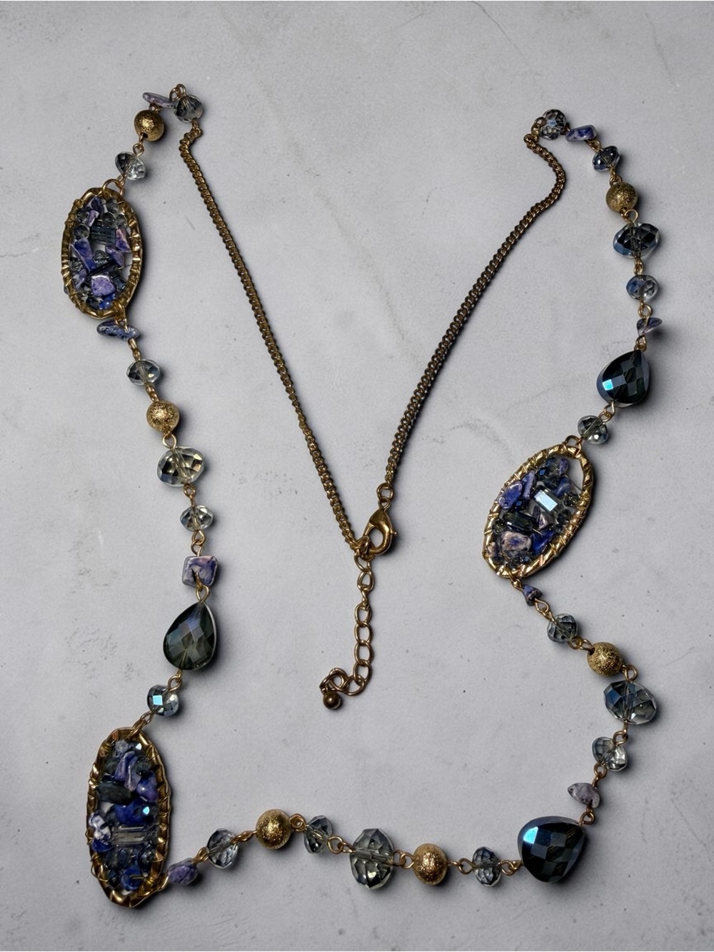 Gold-Tone Necklace with Purple and Blue Bead Clusters